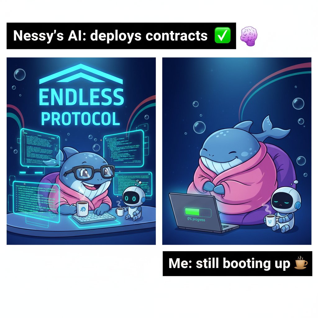 GalihAdhistaNSR's tweet image. Nessy’s AI just deployed 3 smart contracts before breakfast.
I’m still trying to deploy myself out of bed.
@EndlessProtocol
#EndlessProtocol #AIOnchain #CryptoHumor #DeFiBuilder