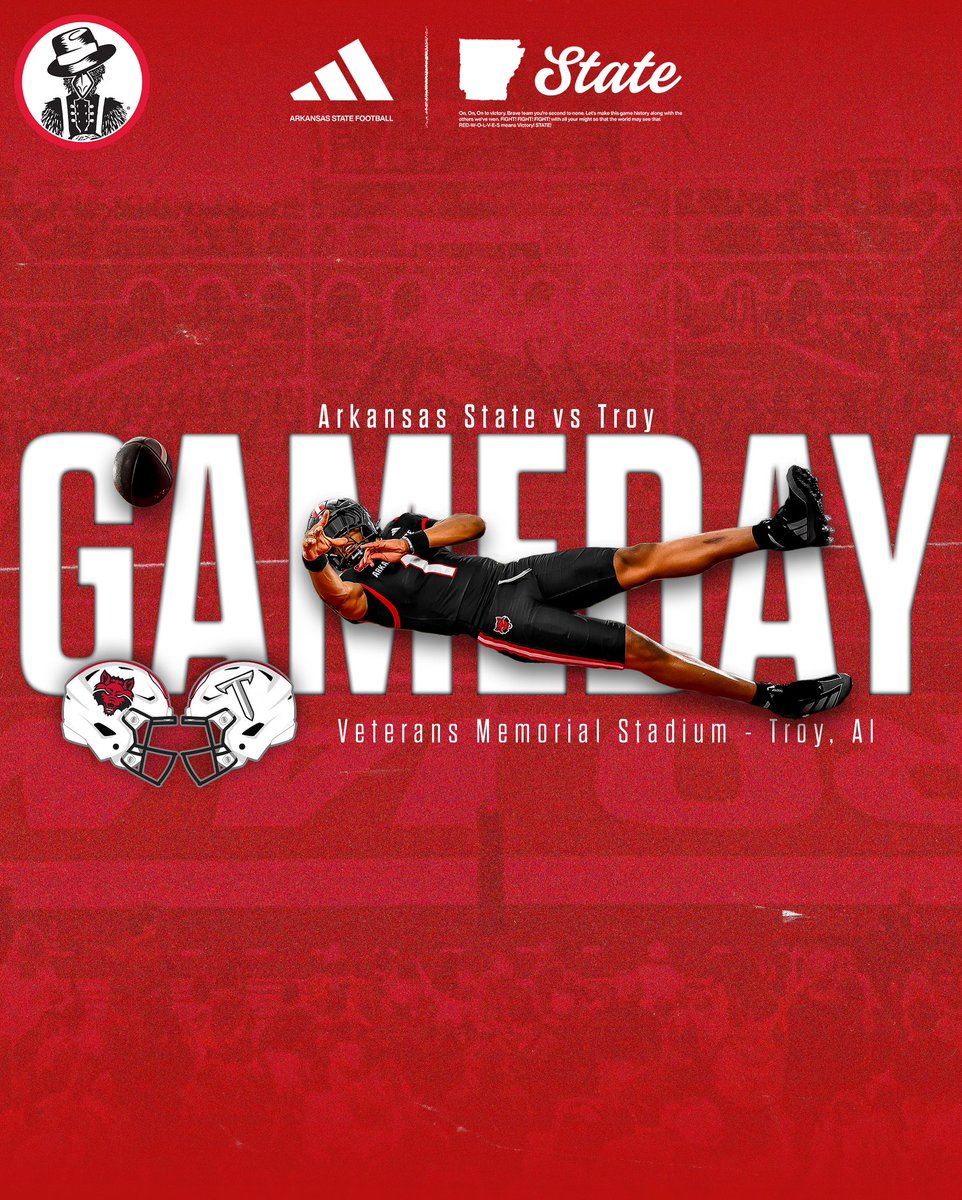 AStateFB's tweet photo. Red Wolf Nation IT IS GAMEDAY‼️

🆚Troy 
📺ESPNU
📍Troy, Alabama 
🏟️Veterans Memorial Stadium 
⏰7:00 PM Kickoff

#WolvesUp🐺 I #PoundTheRock🪨🔨 https://t.co/IOq8ASwTTI
