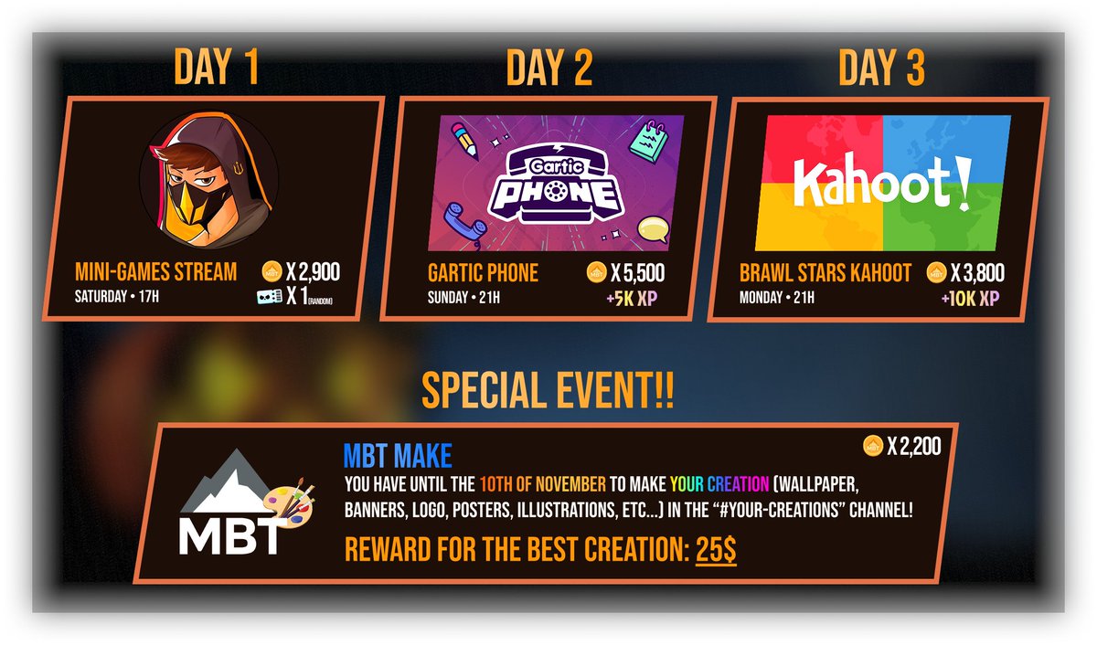 MBT is celebrating Halloween with a 3 day long event! 🎃

14,000 MBT Coins, 15K XP, A Brawl Pass+ and 25$ to win if you participate at least once!!

To see the full details, make sure to join discord.gg/mbt and go the "event" channel🩵

Good luck everyone!!!