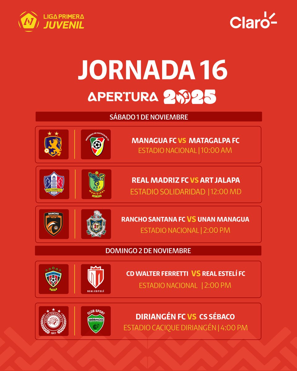 ¡La Jornada 16 de la Liga Juvenil está que arde! 🔥⚽

El reflector se enciende, la grada vibra y la pelota inicia un nuevo capítulo en el campo.

📶  Con Claro Nicaragua, sos parte de la emoción que te mantiene en vilo.