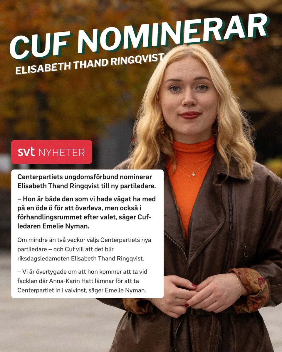CUF nominerar Elisabeth Thand Ringqvist!💚

”Centerpartiet behöver ett väldigt starkt och tydligt ledarskap men som också har Centerpartiets mest centrala frågor i fokus”.

Förbundsordförande <a href="/emelienymans/">Emelie Nyman 🇺🇦</a> i SVT och EKOT.