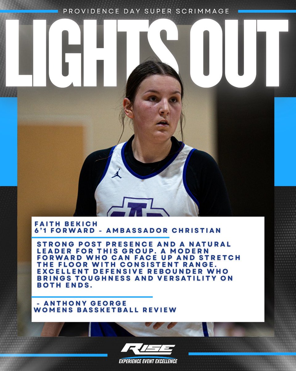 Lights Out Performer- Providence Day Super Scrimmage 2025
<a href="/RISEReport/">RISE Events</a> 

Faith Beckich - 2028- Ambassador Christian School

<a href="/RISEReport/">RISE Events</a> <a href="/PDSgirlsBBALL/">PDS Girls BBall</a>