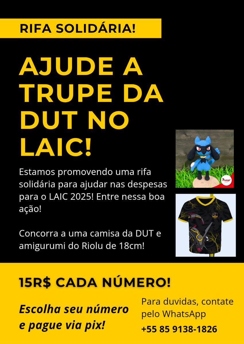 SirOliverss's tweet image. Salve galera, a fim de arcar com algumas despesas para LAIC, decidimos fazer uma rifa de um amigurumi do Riolu + blusa da DUT por um valor de 15 reais. Agradeço muito quem puder contribuir, mesmo com um RT ♥️ link abaixo ⬇️