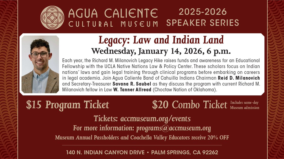 Join us for the 2025-2026 Speaker Series at Agua Caliente Cultural Museum—exploring Native American art, land &amp; law through expert voices.
🎟️ Tickets: accmuseum.org/events 
ℹ️ For more info: programs@accmuseum.org 
#AguaCalienteCulturalMuseum #PalmSprings