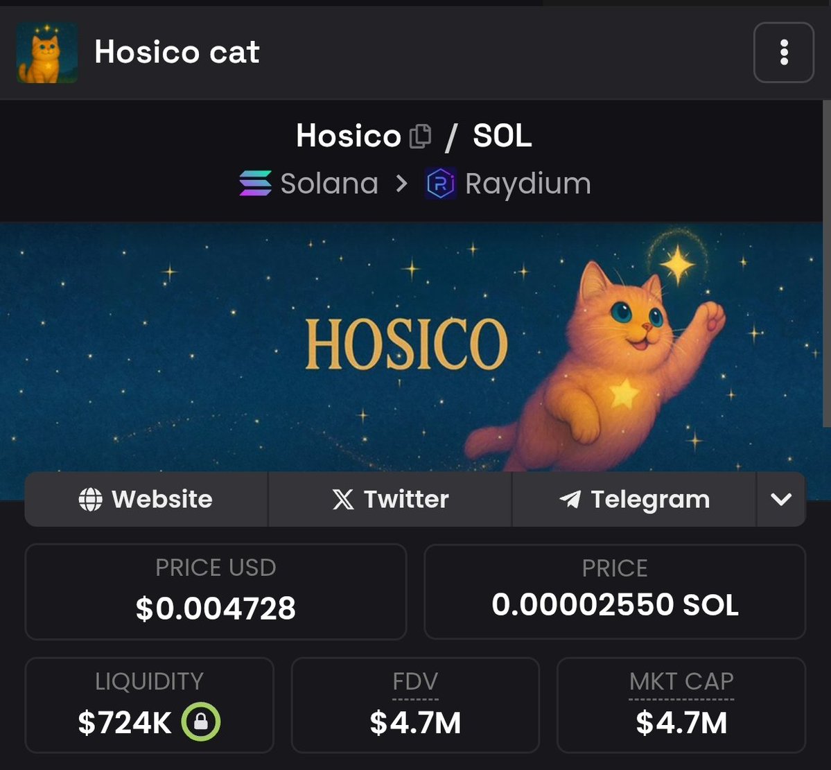 Raydium上のHosico Catトークンダッシュボード（価格・流動性・時価総額を表示）