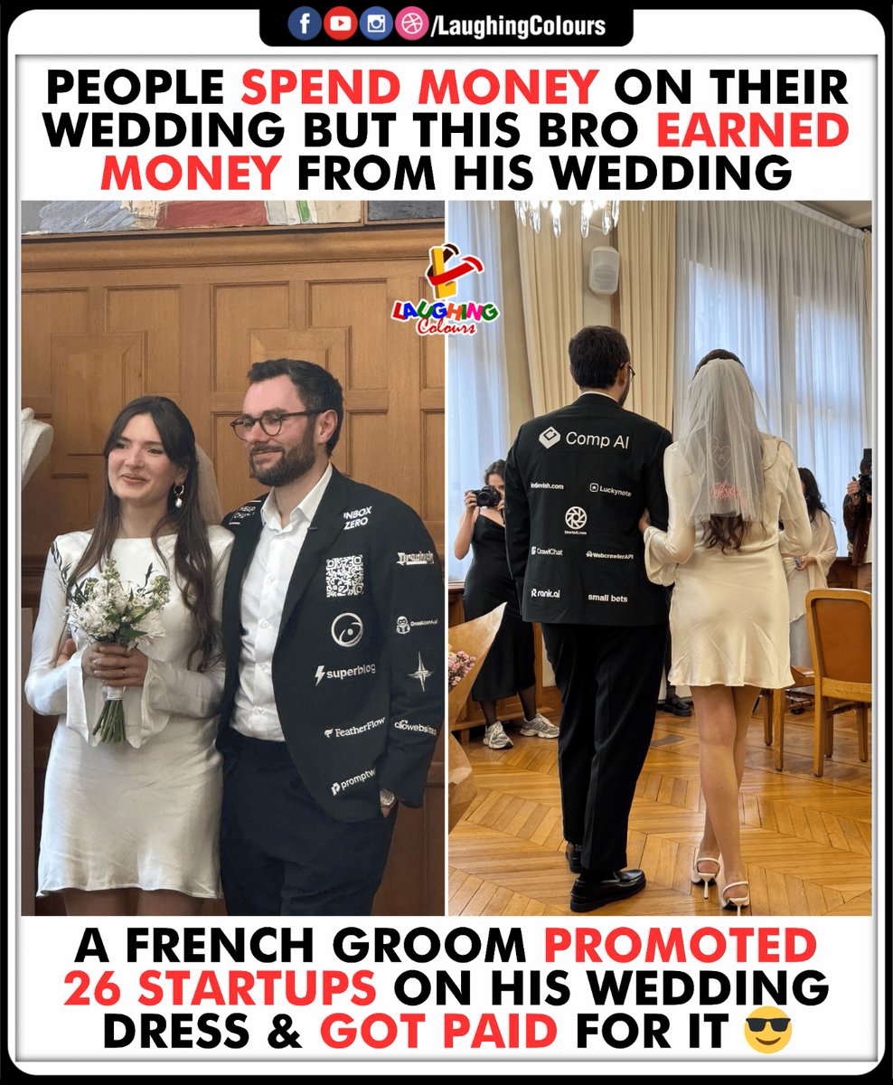 LaughingColours's tweet image. Startup-funded wedding goals 😎

#ViralStory #WeddingGoals #FrenchGroom #StartupLife #Innovation #FunNews