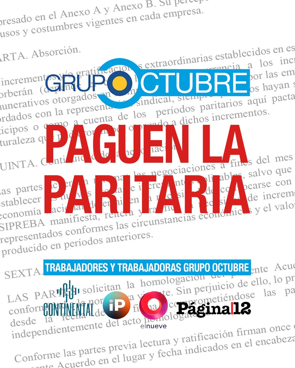 En <a href="/pagina12/">Página|12</a> seguimos con quite de firmas y demás medidas de fuerza porque el Grupo Octubre no nos paga la paritaria.
Las notas que vean firmadas fueron escritas por personas insolidarias con nuestra lucha e incoherentes con su propio discurso.
Debería darles vergüenza