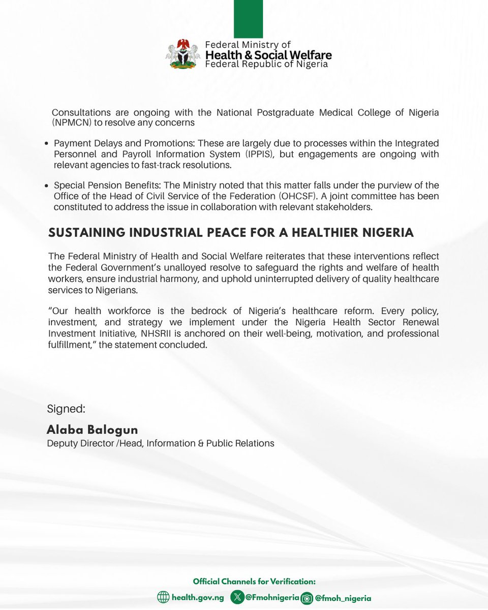 Press Release

<a href="/nard_nigeria/">NARD</a> <a href="/nationalnma/">Nigerian Medical Association</a> <a href="/JohesuNigeria/">JOHESU Nigeria</a> <a href="/NANNMNational/">NANNM National Headquarters</a> 

<a href="/FMINONigeria/">Fed Min of Info & Nat’l Orien</a>  <a href="/LabourMinNG/">Federal Ministry of Labour</a> <a href="/voiceofnigeria/">Voice of Nigeria</a> <a href="/NTANewsNow/">NTANetwork</a> <a href="/NgNewsAgency/">News Agency of Nigeria</a>