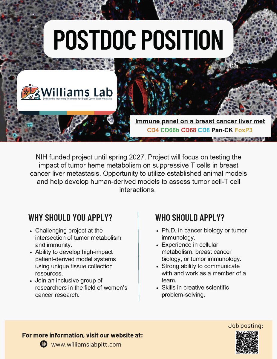 We have a postdoctoral associate position open in the Williams Lab! Candidates should be interested in tackling a challenging project at the intersection of tumor metabolism and immunology. More information can be see in the flyer: