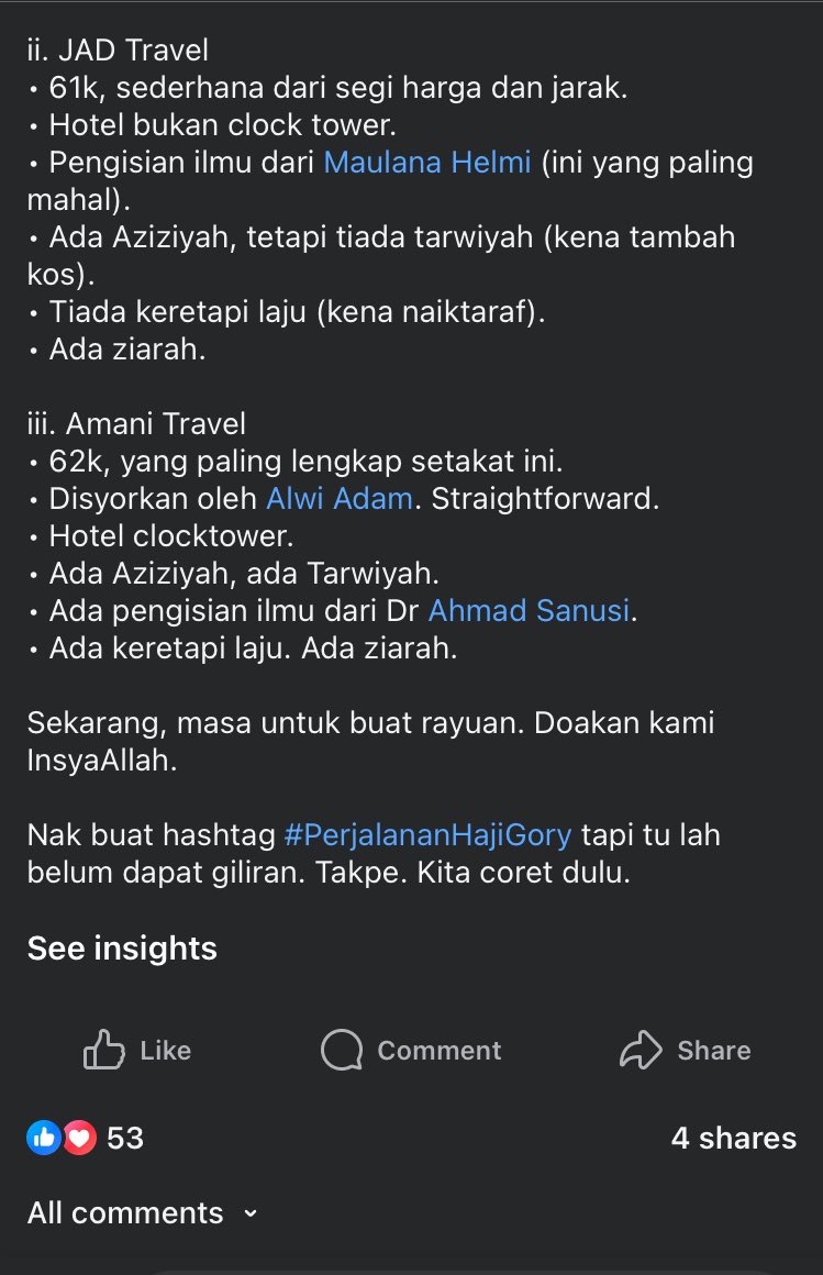 Untuk mungkin yang tak perasan, Isnin 3 Nov nanti dah boleh mula buat rayuan untuk Haji musim 1447H/2026M.

Sini saya kongsikan 3 perbandingan pakej yang dibuat. Rata-rata syarikat tak jauh beza sangat tawarannya.