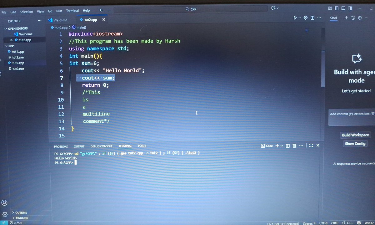 taurusharsh21's tweet image. Day1. First program in C++
#programming #cplusplus #100daysofcode #learntocode #upgrade #mindsetmatters
