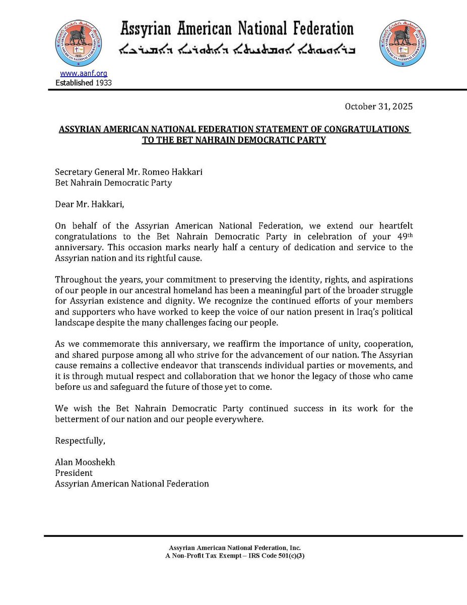 AANForg's tweet photo. Congratulations to the Bet Nahrain Democratic Party on their 49th Anniversary. Wishing the party continued success as it marks nearly five decades of dedication to democracy, progress, and national unity. Your ongoing commitment to the values of justice, equality, and civic participation has made a lasting impact on the organization’s political and social development.