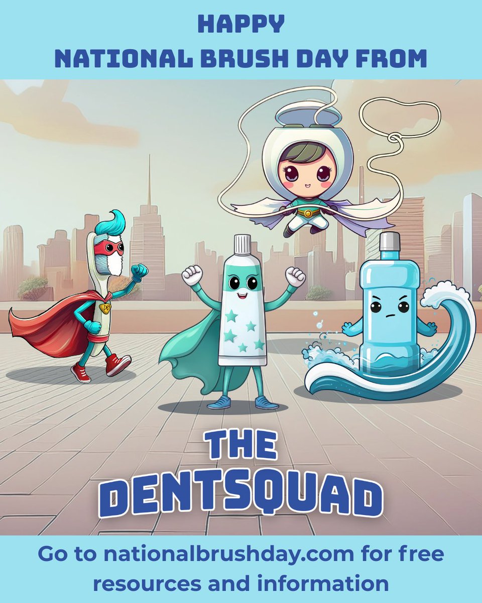 Happy #NationalBrushDay from the #NBDDentSquad! 😁🦷🪥 After all those Halloween treats, don’t forget to brush #2Min2x a day to fight sugar and plaque! Check out fun, free resources to keep those smiles healthy: bit.ly/3F6tdV8  💪 

#KidsHealthyMouths #HealthySmiles