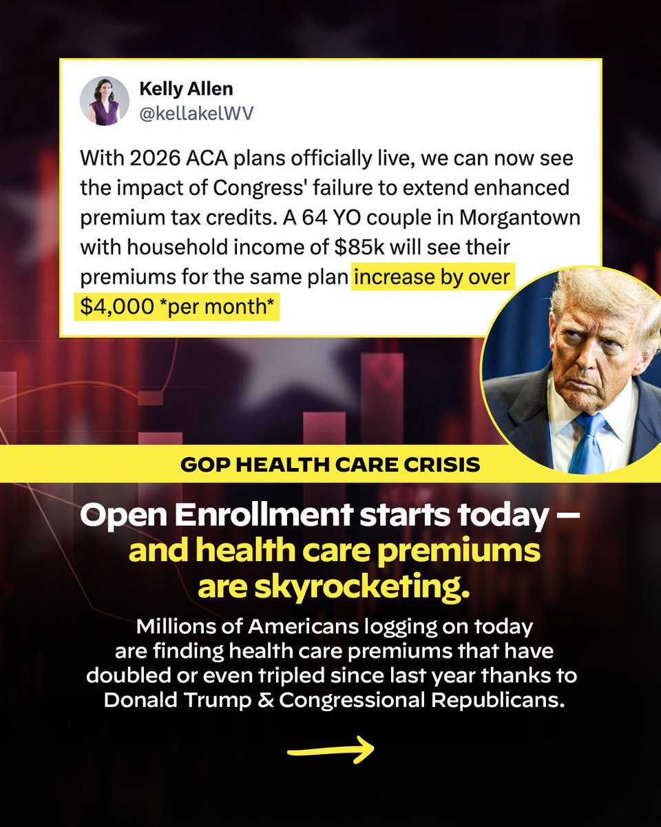 ProtectOurCare's tweet image. Open Enrollment starts today — and millions of Americans are opening HealthCare.gov to find their premiums have doubled or even tripled.

Trump and Republicans in Congress are ripping away the tax credits that kept coverage affordable, and now families across the country…