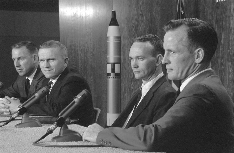 Gemini 7's Frank Borman &amp; Jim Lovell, &amp; BUps Ed White &amp; Mike Collins, gave a preflight news conference, OTD 1965, at MSC. A rendezvous was planned with Gemini 6 on FD8, but there would be no EVA. Lessons learned from Gemini 5 led to an emphasis on stowage reviews during training