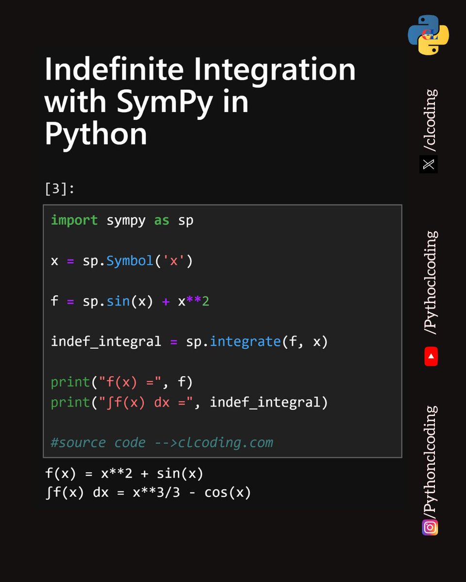 clcoding's tweet image. Indefinite Integration with SymPy in Python