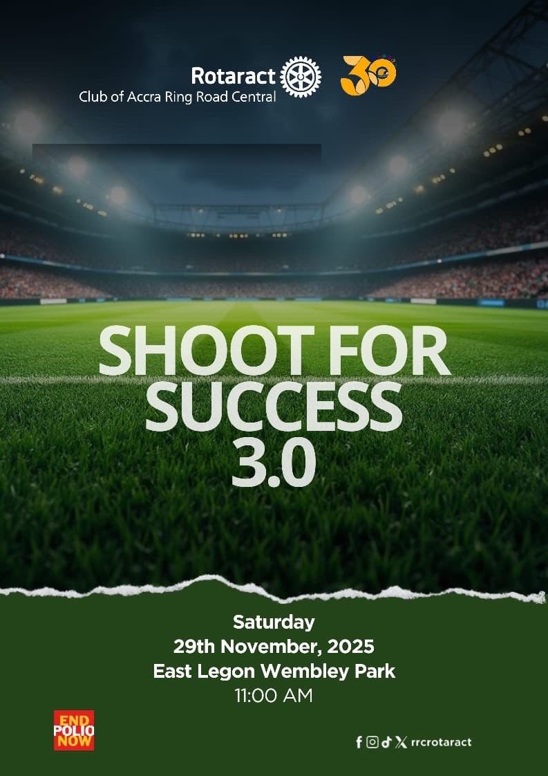 RRCRotaract's tweet image. Socks high🧦 Boots laced 👟
Pitch clear and green to test how efficiently Rotaractors are with the football ⚽️⚽️🥅🥅⚽️🏟️
Join Rotaract RRC for Shoot For Success 3.0
🗓️ Sat 29th November 2025
⏰ 11:00 AM prompt for kickoff
📍 East Legon Wembley Park