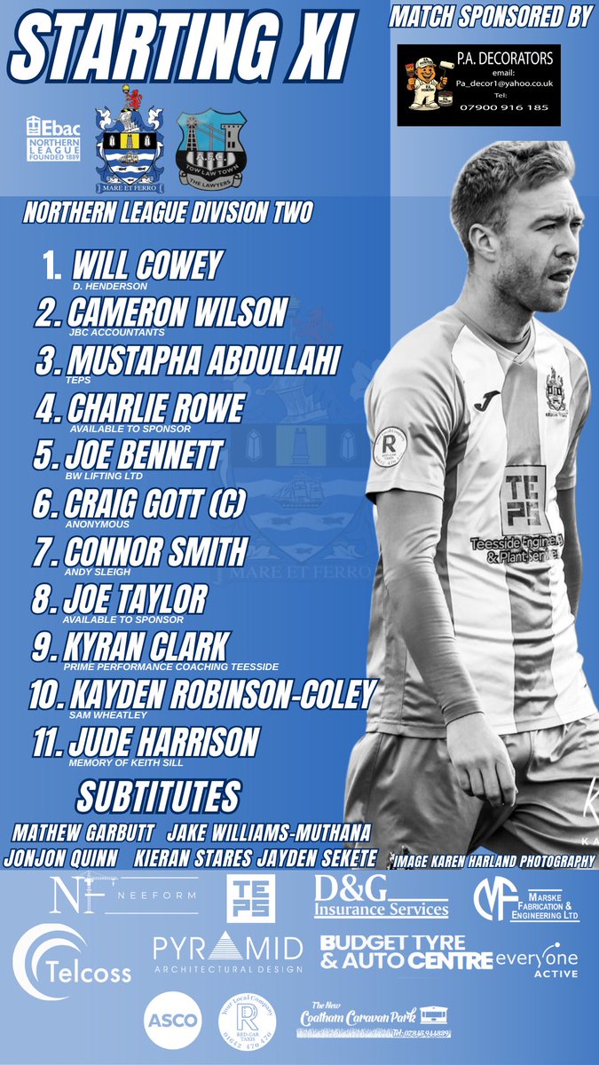 redcartownfc's tweet photo. 🟦⬜️ 𝑺𝑻𝑨𝑹𝑻𝑰𝑵𝑮 𝑿𝑰 🟦⬜️

Here’s how we line up this afternoon against @Towlawtown 

Charlie Rowe comes straight in to make his debut 🤝

Today’s game is sponsored by - P.A Decorators

Live updates on Twitter and Facebook 

📸 @kmnewton1 

#UTRT https://t.co/gReJ3uvLwC
