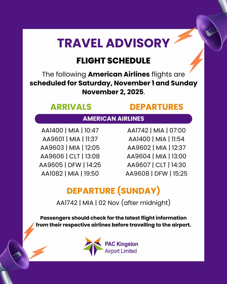 NMIA_Airport's tweet image. NMIA update (1-2 Nov): American Airlines arrivals from Miami, Charlotte, DFW; departures to Miami, Charlotte, DFW. Check the AA app/your booking before travelling.
#NMIA #AmericanAirlines #FlightUpdate