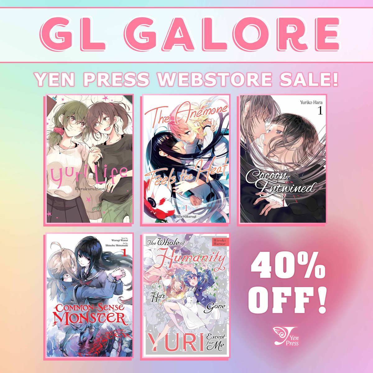 yenpress's tweet image. 📖 WEBSTORE SALE 💓 👩❤️💋👩
Yuri Nation, it's your time to shine! We know you can't wait for Love Bullet and Green Yuri, Vol. 3 to release, but might we offer you some more GL goodness?
From now until the end of the month, you can grab select Girls Love titles for 40% off, only…