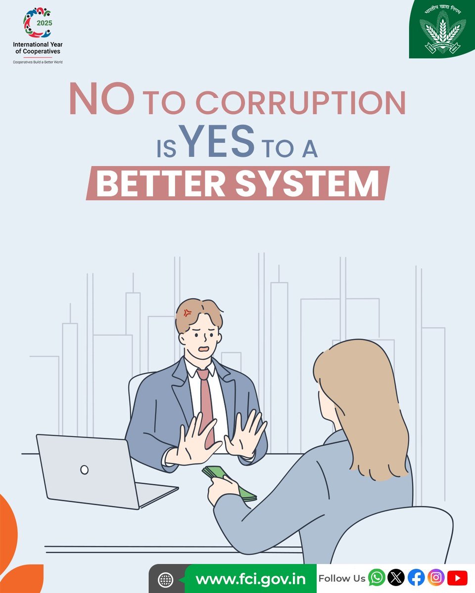 FCI_India's tweet photo. Integrity is the soul of a strong system and a shared responsibility. Even the slightest trace of corruption can weaken it over time. Let’s come together to make FCI a vigilant and corruption-free organisation. https://t.co/ImiZlNufmj