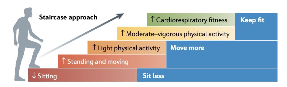 Empieza por romper los largos periodos sentado con pequeños momentos de movimiento ligero. Después, añade más movimiento a lo largo del día. Esa progresión crea la base para llegar a actividades más intensas sin frustración ni riesgo 👍🏻 pubmed.ncbi.nlm.nih.gov/34017139/