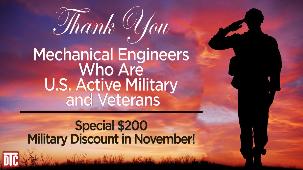 DTC_DrTomBrown's tweet image. Special $200 Military Discount in November –
DTC is proud to help our military and former military engineers become Professional Engineers!
drtomsclassroom.com/us-military-di…
#DrTomsClassroom
#MilitaryEngineers #MilitaryEngineering
#MilitaryDiscount #MilitaryDiscounts
#MechanicalPEExamPrep