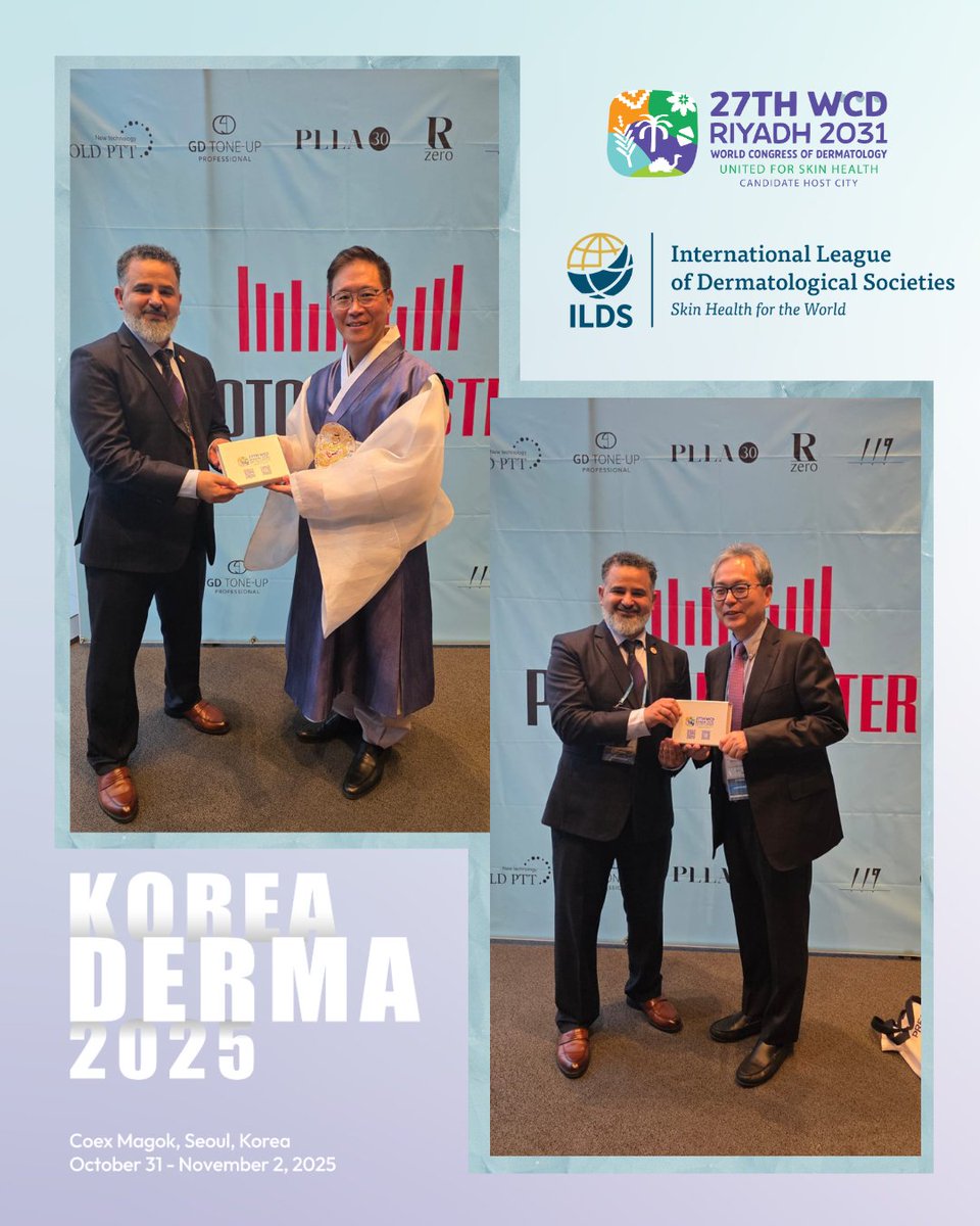 During Korea Derma 2025, Dr. Husain Juma, representing the WCD 2031 Riyadh Bid, had the honor of presenting a token of appreciation to Dr. Hangrae Cho, Immediate Past President of the Association of Korean Dermatologists, and to Dr. Sang Ju Lee, the newly appointed President.