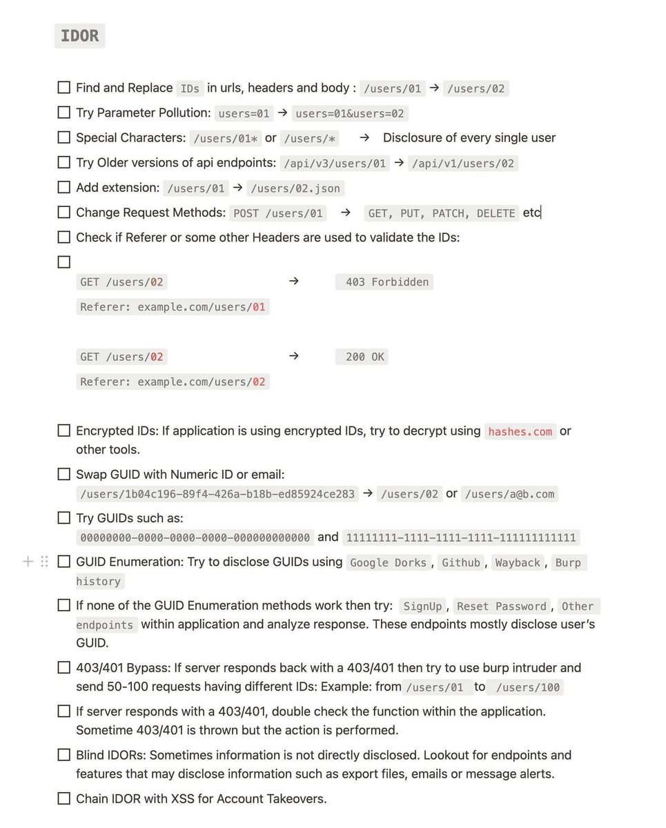 Yass1nMohamed's tweet photo. 🚨 Bug Bounty Tip 🐞
🔥 This is The Best IDOR Checklist You Need to Master! 🔍
 
Save it for Later 😉

#bugbounty #bugbountytips #CyberSecurity #IDOR #Hacking https://t.co/hAmFvX5jOD