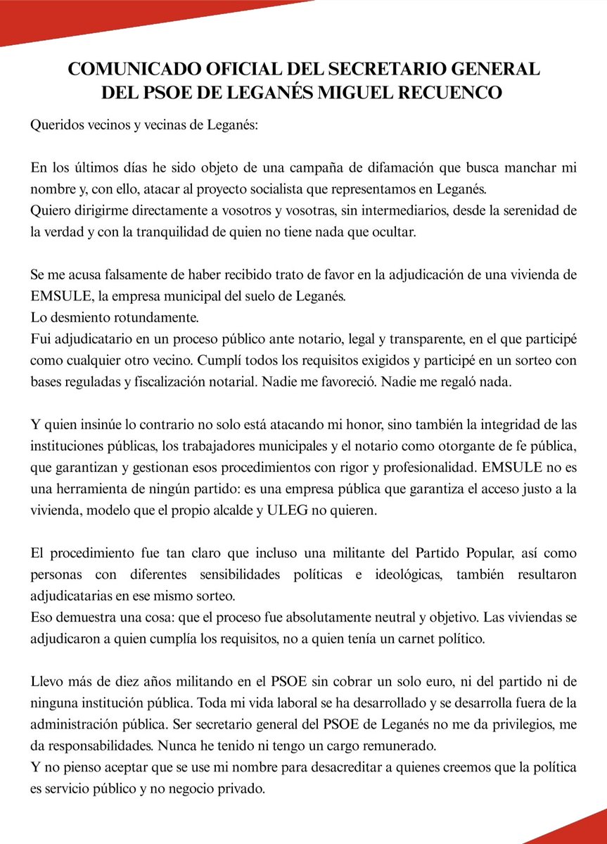 miguelrecuenco's tweet photo. COMUNICADO OFICIAL DEL SECRETARIO GENERAL DEL PSOE DE LEGANÉS MIGUEL RECUENCO https://t.co/GMTaCl6FnW