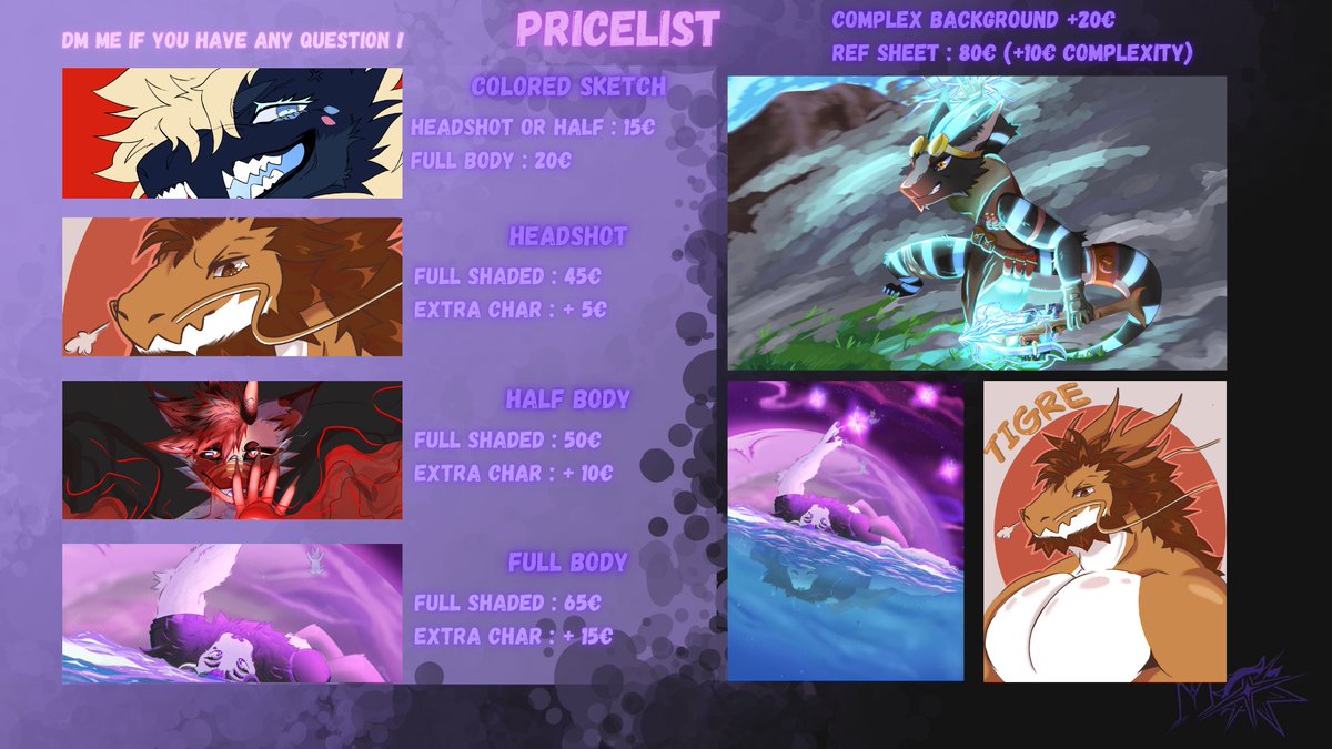 Ah yes, you can have a summary of my pricelist with this (Repost cause the colors was making me sick)  

Reminder that my commission are open ! 💙