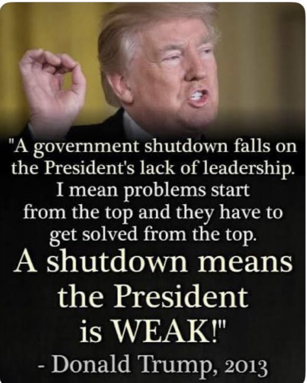 Image shows Donald Trump with yellow hair, wearing a suit, gesturing with hands while speaking, overlaid with black text quoting his 2013 statement on government shutdowns failing due to lack of leadership from the top and meaning the President is weak.