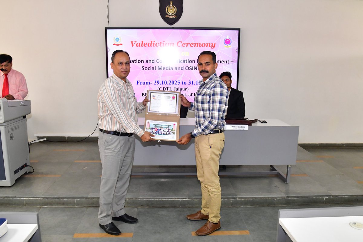A 3 day course from Oct 29 -31, 2025 on Information and Communication Management – Social Media and OSINT Issues,  was organised by CDTI, Jaipur for 15 Police Officers of various States . Chief Guest Sh Arun Machya Vice Principal of CDTI, Jaipur  graced  Veledictory session.
