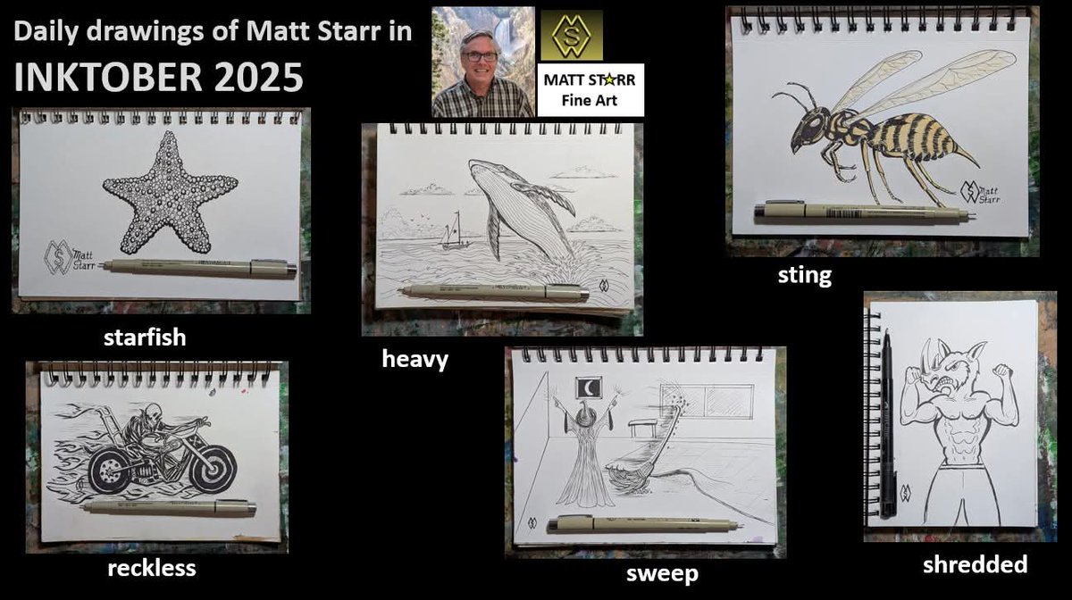 MattStarrFineA1's tweet photo. I had a blast doing a new drawing for each day in October for Inktober!  Here is a summary of my Inktober drawings. Which is your favorite? 

#mattstarrfineart #inktober #inktober2025 @inktober #inkartist #ink #art #inkwork #blackandwhite #sketch #design #inking #inkwork #doodle https://t.co/SO5dAwTCR6