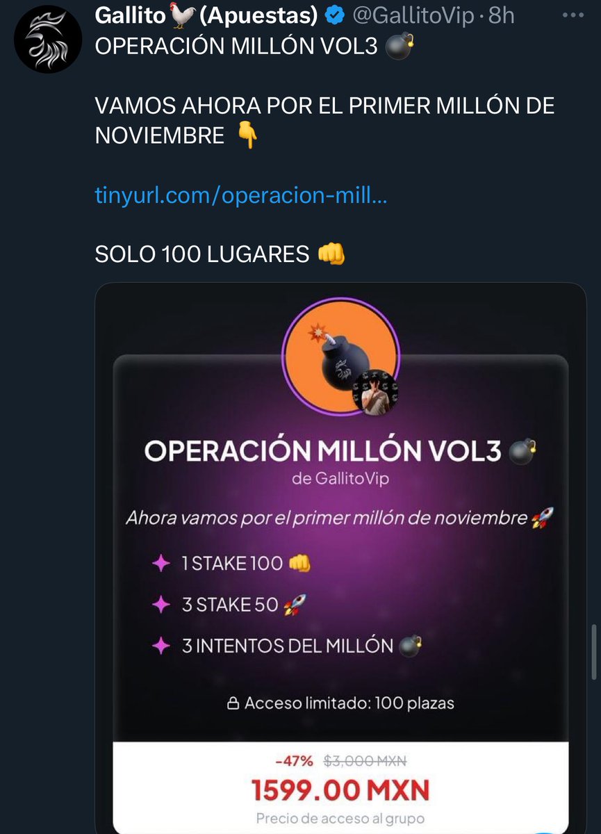 TipstersBetFree's tweet photo. 🔥 Ya les conseguí su nuevo Stake 100 de GallitoVIP 🐓 de la nueva Operación Millón 💸
Se lo voy a pasar a todos los que comenten, den RT 🔁 y dejen su like ❤️ https://t.co/j40GKbRlCy