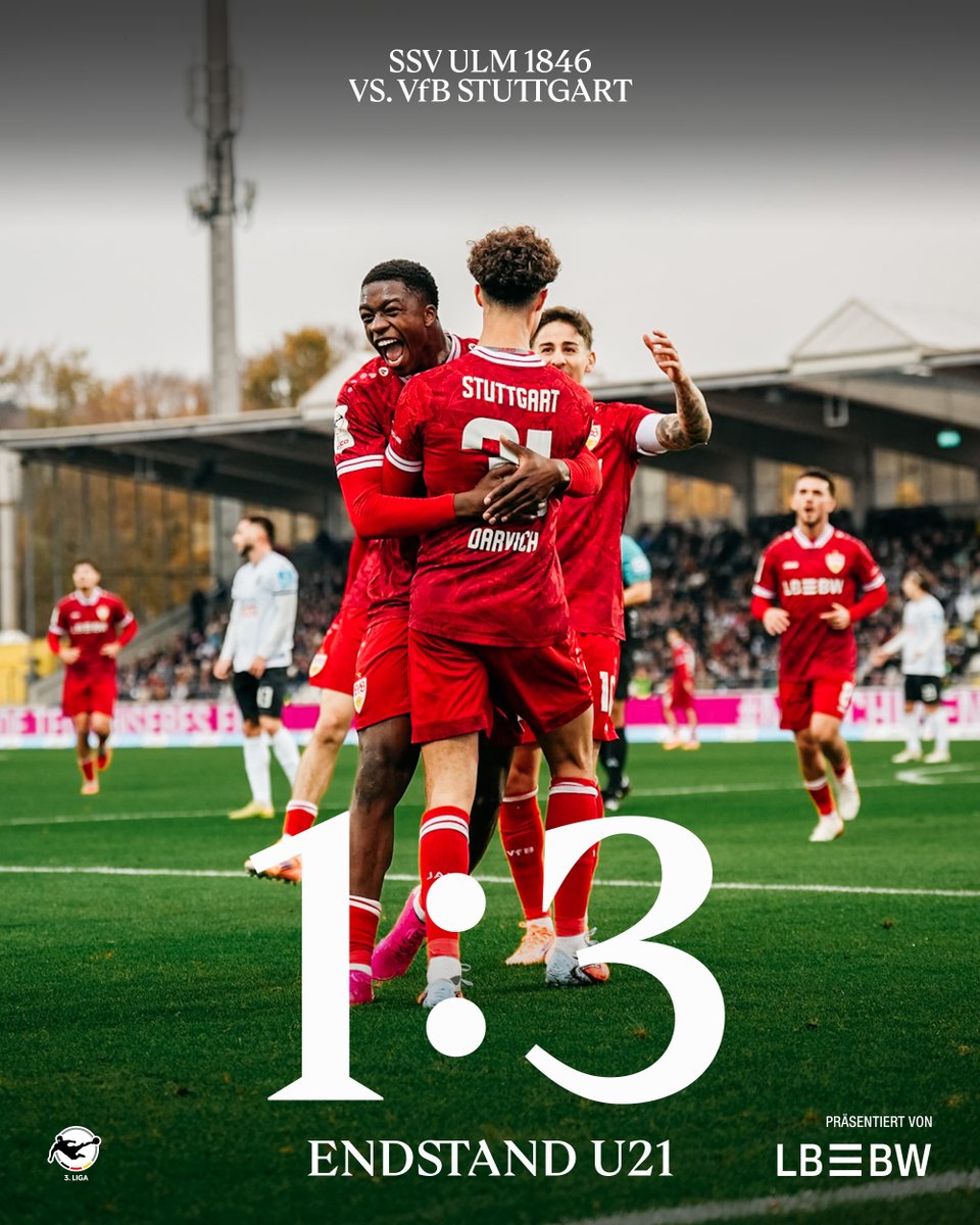 Auswärtssieg! ⚪️🔴
Die #VfBU21 gewinnt beim SSV Ulm souverän und absolut verdient mit 3:1. Noah Darvich und Doppelpacker Mansour Ouro-Tagba erzielten die Tore. Ganz stark, Männer!

#jungundwild | #VfB | [Anzeige]