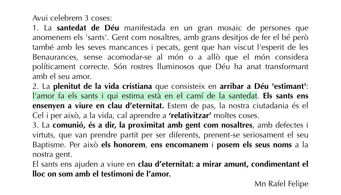 ParroqPala's tweet photo. "Els sants ens ajuden a viure en clau d'eternitat: a mirar amunt, condimentant el lloc on som amb el testimoni de l'amor", de l'homilia d'avui en la Solemnitat de Tots Sants a #Palafrugell https://t.co/VgYjvZOzRJ