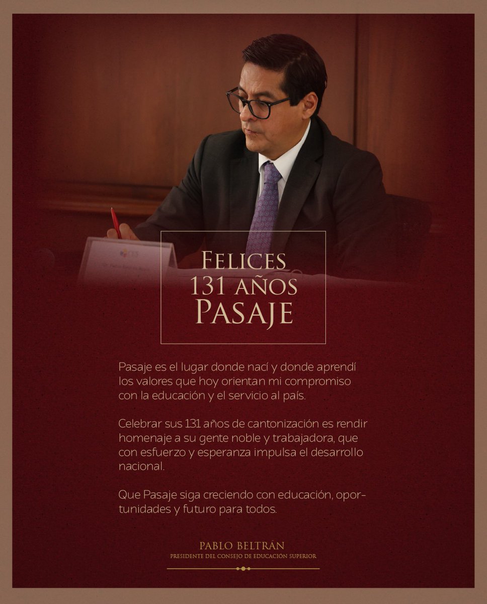 Pasaje, 131 años de historia, progreso y esperanza.

Hoy conmemoramos la cantonización de esta tierra que me vio nacer y que sigue inspirando mi compromiso con el desarrollo del país.

Pasaje es ejemplo de una comunidad que avanza unida, con esfuerzo, solidaridad y visión de