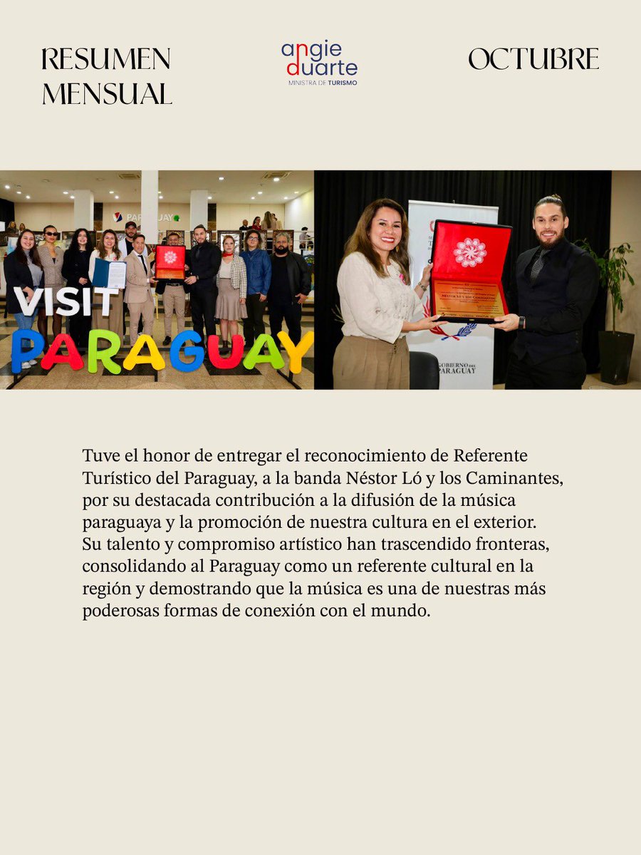 ✨ Octubre fue un mes de grandes avances y enriquecedoras experiencias para el turismo paraguayo.

La Ministra de Turismo, Angie Duarte, acompañó proyectos, inauguraciones y reconocimientos que reflejan el esfuerzo conjunto entre instituciones, comunidades y el sector privado