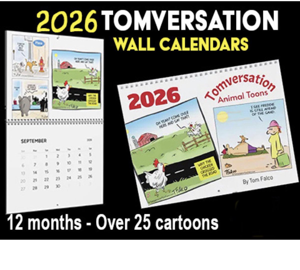 Tomversation's tweet image. New! Limited print. My 2026 Tomversation cartoon calendars. Pets/animsls cartoon-themes. Free shipping in U.S,
Order here: etsy.com/listing/439597… 
#pets #comics