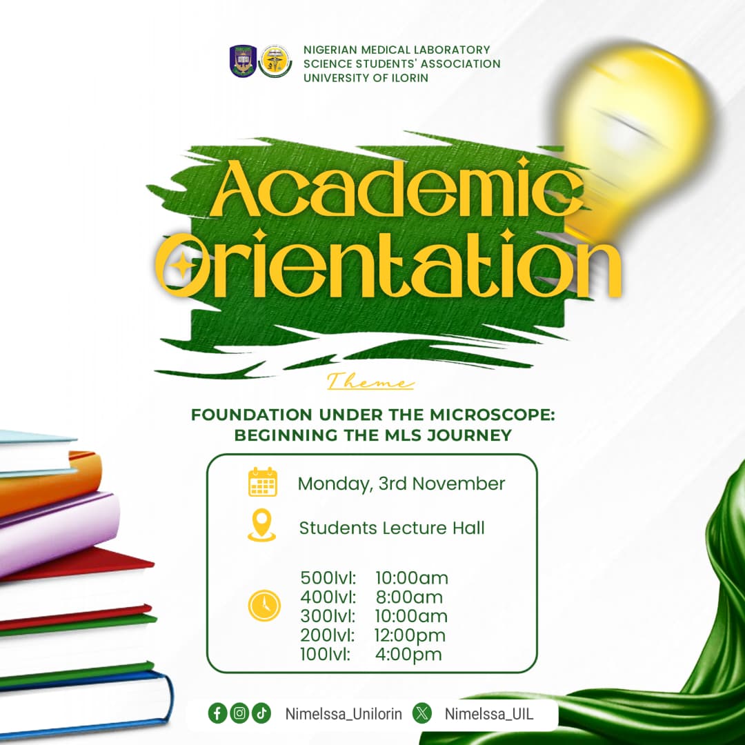 Nimelssa_UIL's tweet image. This orientation will provide students with essential insights on what to expect at their respective stages. Also to equip students with the right mindset, direction and strategies for success through the MLS journey.
#AcademicOrientation #MLSJourney #NIMELSSA #UnilorinMLS