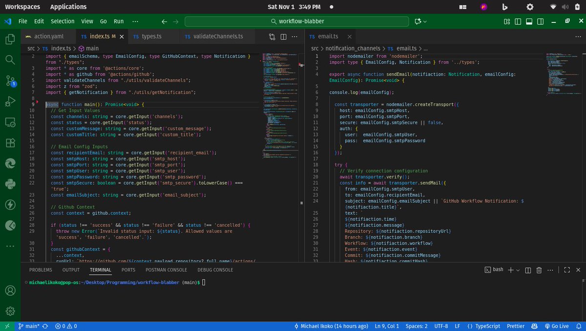 michael_ikoko's tweet image. Currently building my first project using TypeScript. It's a custom GitHub action for sending workflow notifications across various channels email, Slack, Discord and Telegram. Started with email notifications today. Testing custom GitHub actions is a hassle though. #TypeScript