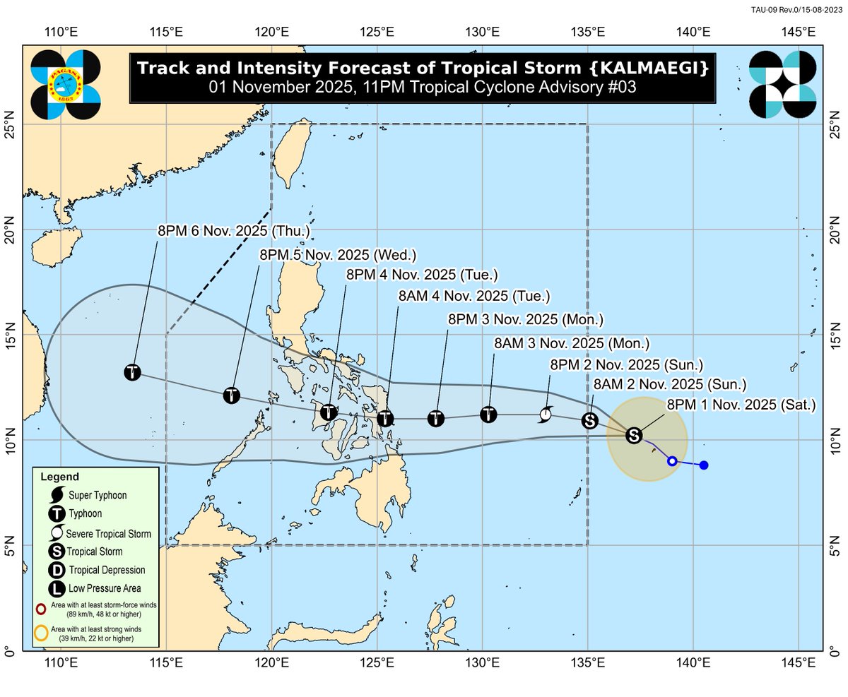 dost_pagasa's tweet image. TROPICAL CYCLONE ADVISORY NR. 3
Tropical Storm KALMAEGI
Issued at 11:00 PM, 01 November 2025
Valid for broadcast until the next bulletin at 11:00 AM tomorrow.

THE TROPICAL DEPRESSION OUTSIDE THE PHILIPPINE AREA OF RESPONSIBILITY (PAR) INTENSIFIED INTO TROPICAL STORM KALMAEGI.…