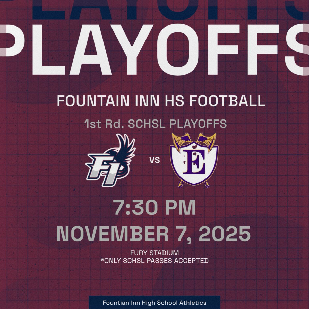 Its Official! <a href="/FIHSfootball44/">Fountain Inn High School Football</a> host <a href="/SCHSL/">SCHSL</a>
1st rd playoff Friday Nov 7 at 7:30pm. Tickets $10.00 Parking $5.00 &amp; only SCHSL Passes accepted #R1SEUP <a href="/INNvision_FIHS/">INNvision @ FIHS</a> <a href="/FuryBoosters/">Fury_Boosters</a> <a href="/FountainInnSC/">City of Fountain Inn</a> <a href="/FIChamber/">Fountain Inn Chamber</a> <a href="/InnElementary/">Fountain Inn Elementary</a>
<a href="/Bryson_MS/">Bryson Middle School</a> <a href="/GordonGators/">Rudolph G. Gordon School Athletics</a>