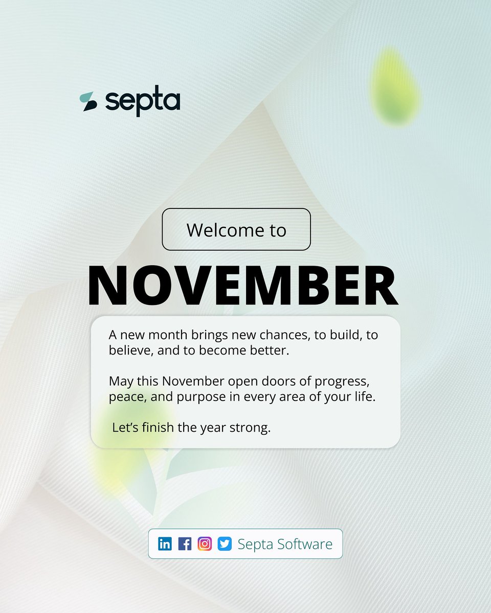 septa_academy's tweet image. Welcome to November 
New month, New energy, New opportunities to build something that matters.

Let’s make this month count with focus, creativity, and growth in motion.

#HelloNovember #NewMonthNewGoals #FocusAndBuild #GrowthMindset #InnovationDriven #Septa #TeamSepta