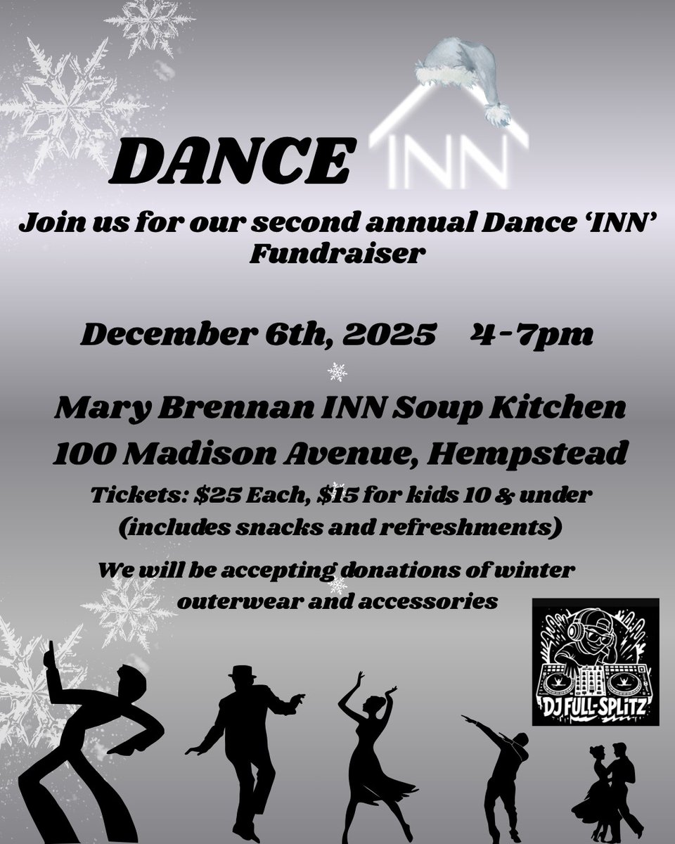 The_INN's tweet image. Next month is our Second Annual Dance &apos;INN&apos;! We have a fun night planned with Dj Full Splitz, a photobooth, snacks and more. Come celebrate the holidays with us and dance for a cause! For more information and tickets visit our website at the-inn.org/2025danceinn. #getINNvolved