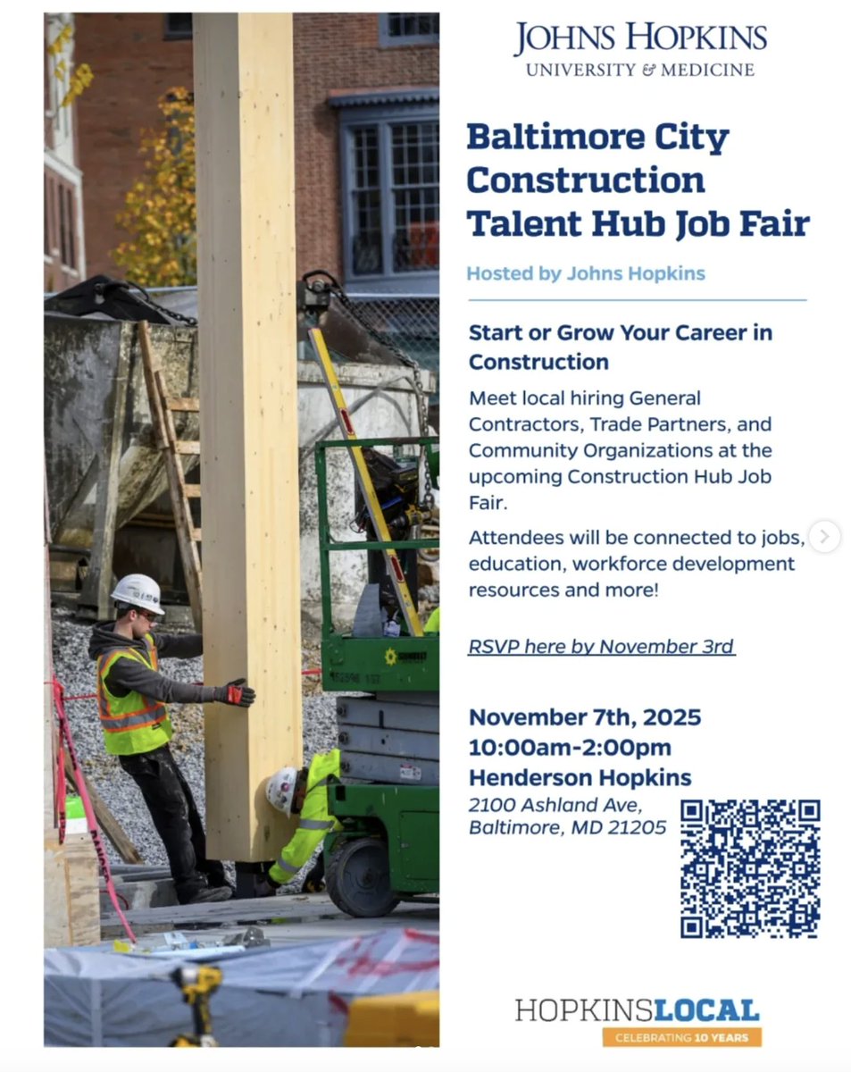 Construction Job Fair hosted by Johns Hopkins happening FRIDAY! ✨

🗓️ November 7th
🕙 10am - 2pm 
📍 2100 Ashland Ave. 

Register ➡️ bit.ly/jhjobfair25