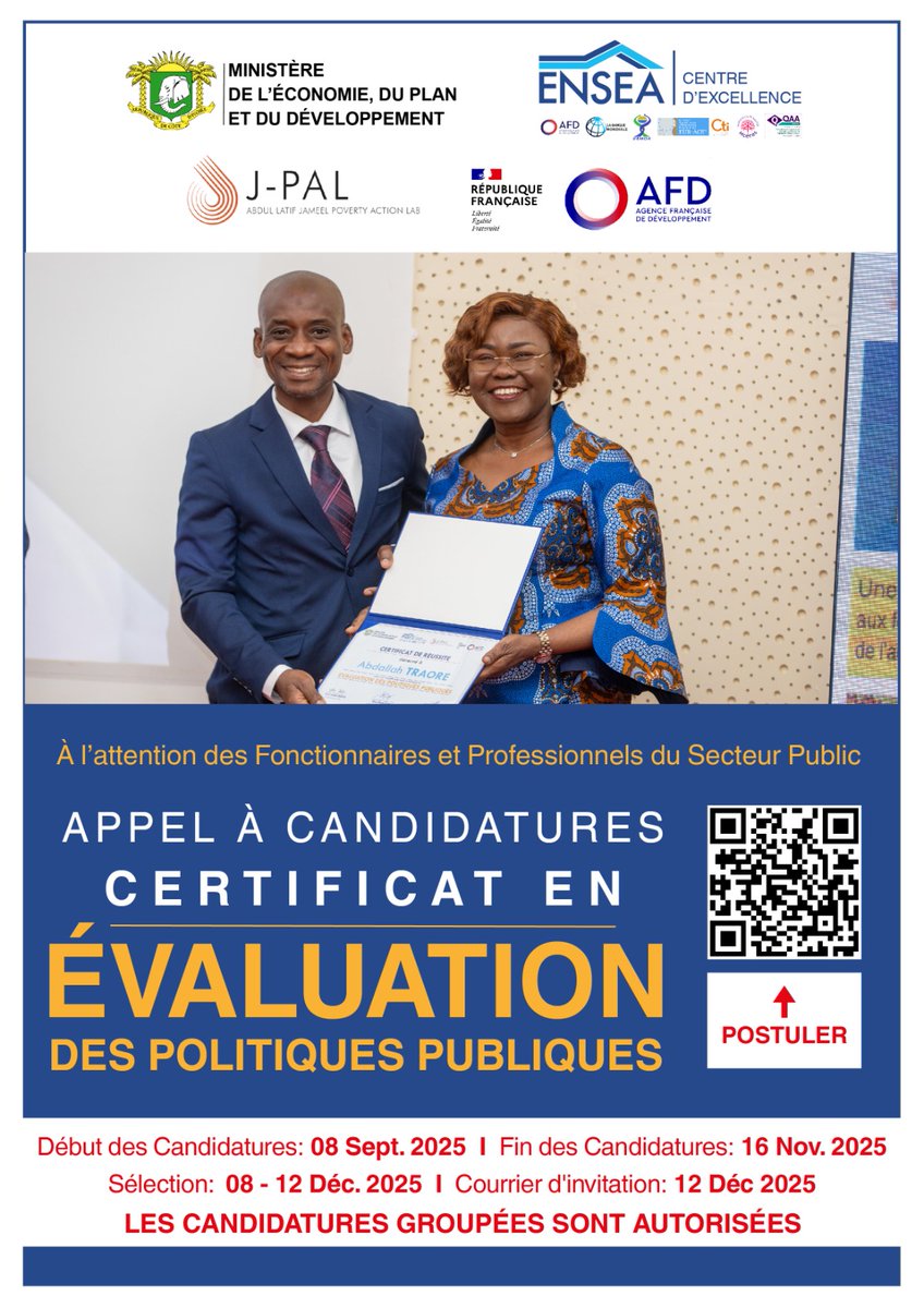 the_ACEProject's tweet image. .@EnseaO has launched recruitment for the 5th Cohort in Public Policy Evaluation! Take this opportunity to build expertise in policy design and evaluation.
Deadline: 16 November 2025
Apply: tinyurl.com/4bvays2z
#PublicPolicy #PolicyEvaluation #CapacityBuilding #HigherEducation
