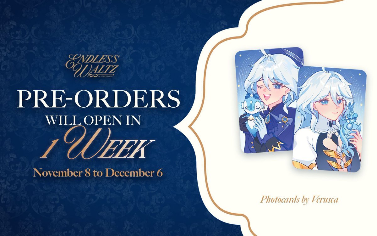💧 1 WEEK BEFORE PRE-ORDERS OPEN 💧

Today we're sharing a preview of our super cute photocards of #Furina and #Focalors, made by <a href="/verusccca/">Veru 🧸</a> !

📆 Pre-orders will open on November 8, 11 PM GMT+8