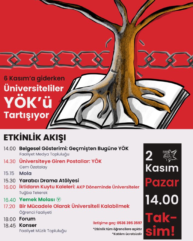 📣 Üniversiteliler YÖK’ü Tartışıyor | Etkinlik Akışı

Üniversiteyi konuşmanın, anlamanın ve savunmanın zamanı.

YÖK’ün gölgesinde dönüşen üniversiteleri öğrencilerin gözünden ele alıyoruz.

📅 2 Kasım Pazar, 14.00 - Taksim

🗣️ Bu bir Öğrenci Faaliyeti’dir.